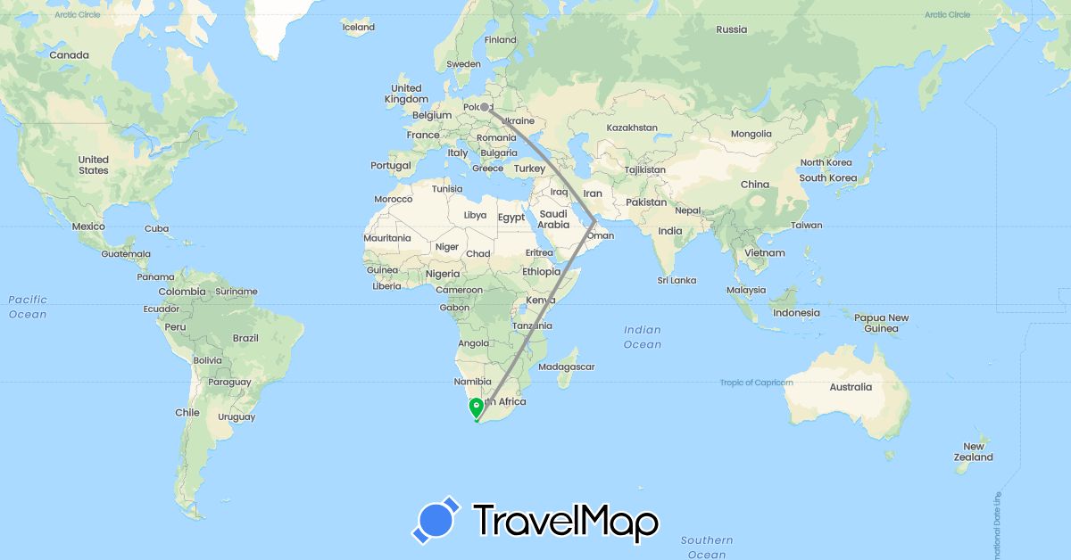 TravelMap itinerary: driving, bus, plane, hiking in United Arab Emirates, Poland, South Africa (Africa, Asia, Europe)